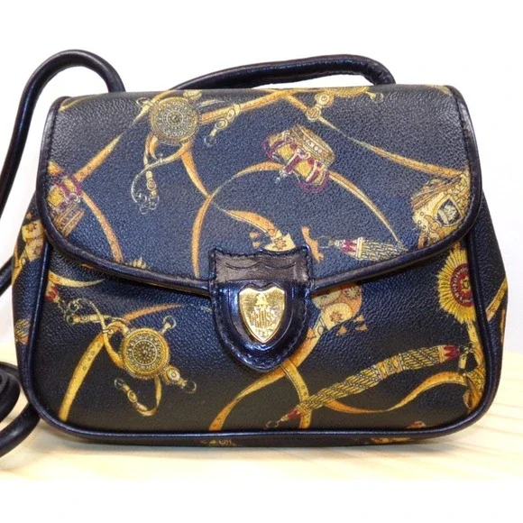Vintage Mark Cross Equestrian Crossbody‎ Purse Black w/ Equestrian Print Small
